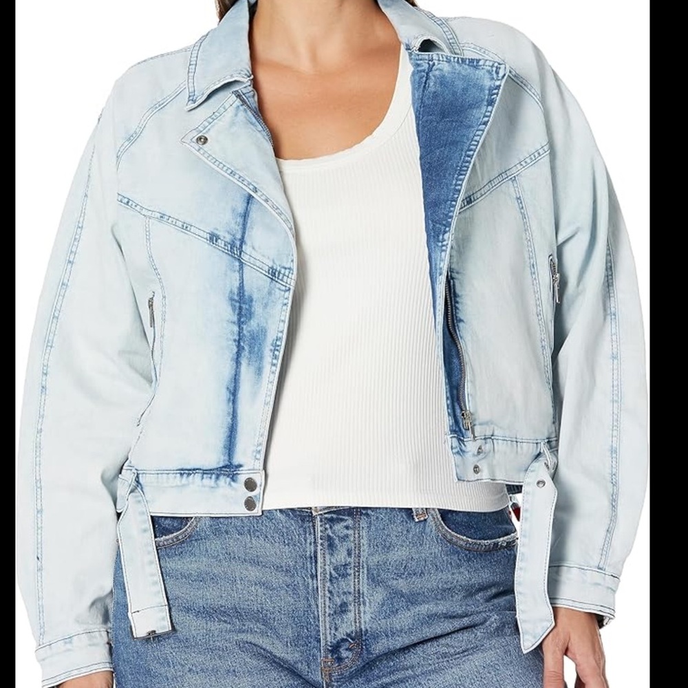City Chic Retro Denim Jacket Light Wash Cropped Belted Moto Plus Size 20 GUC